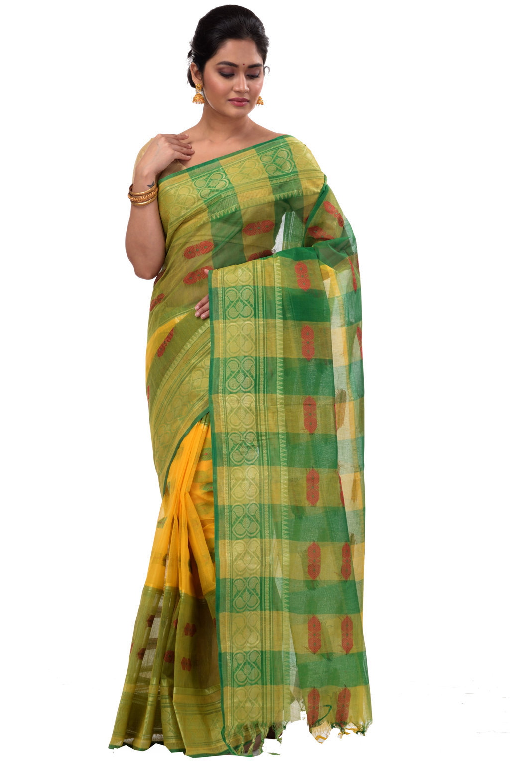 Yellow Green Pure Cotton Raj Nandi Desigine Tant Saree (2832)